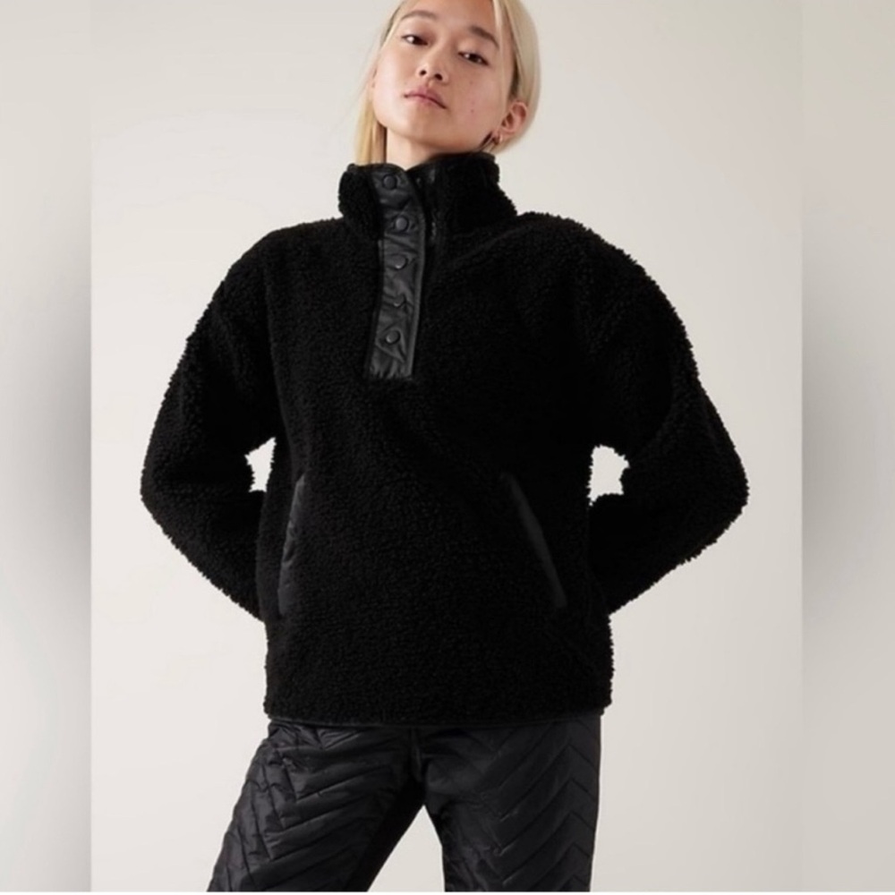 Athleta Cozy Sherpa Snap Sweatshirt size large black
